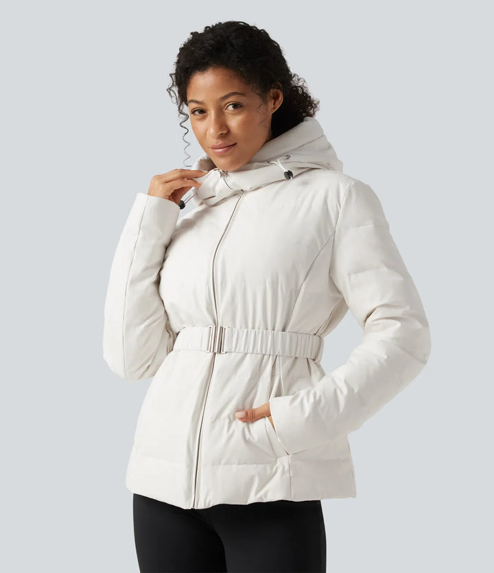 Hooded Long Sleeve Belted Work Down Jacket with Pockets