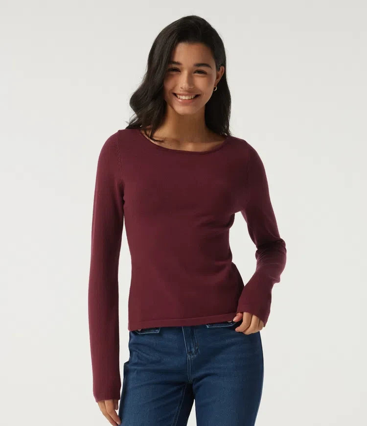 Boat Neck Long Sleeve Contrast Lace Cut Out Back Casual Sweater