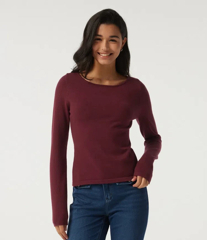 Boat Neck Long Sleeve Contrast Lace Cut Out Back Casual Sweater
