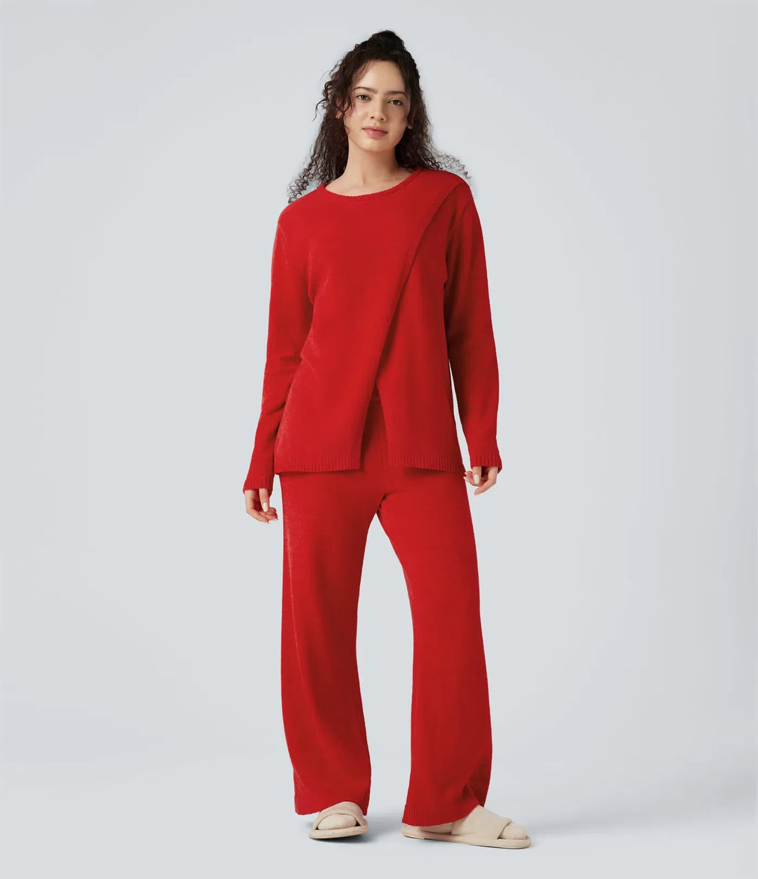 Round Neck Long Sleeve Sweater Knit Lounge Top