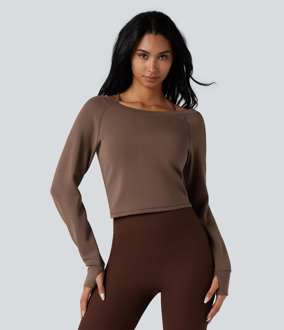 SpacerTek Boat Neck Long Sleeve Thumb Holes Casual Sweatshirt