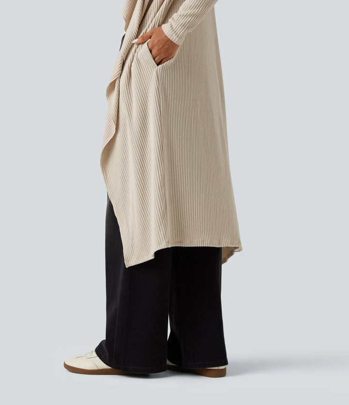 Ribbed Knit Open Front Long Sleeve Casual Longline Waterfall Cardigan with Pockets