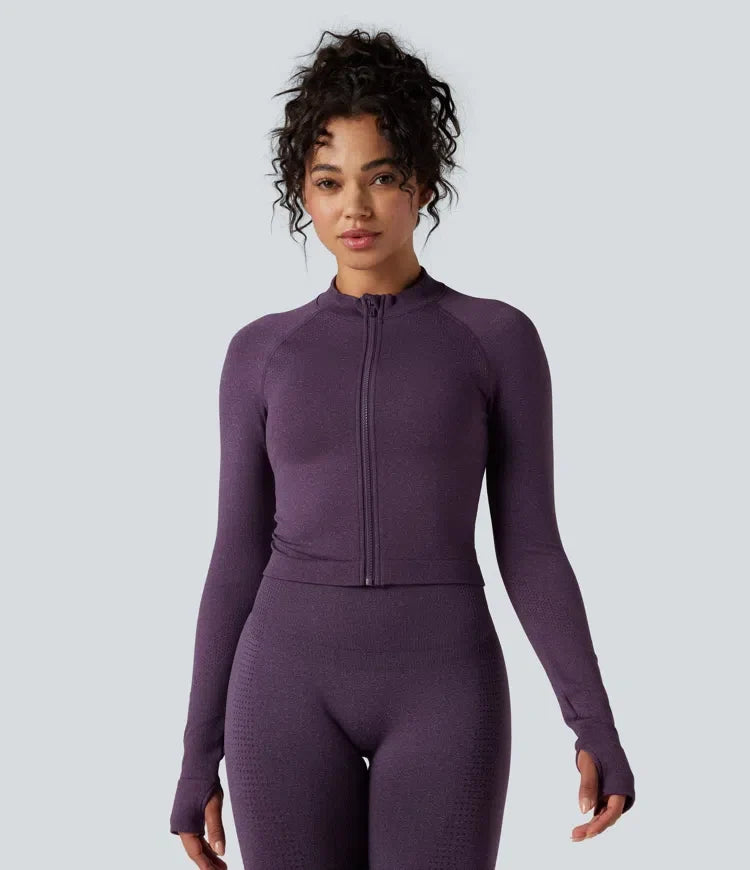 Seamless Flow Stand Collar Long Sleeve Thumb Holes Slim Cropped Yoga Jacket