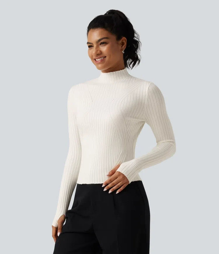 Mock Neck Long Sleeve Slim Work Sweater with Thumbholes