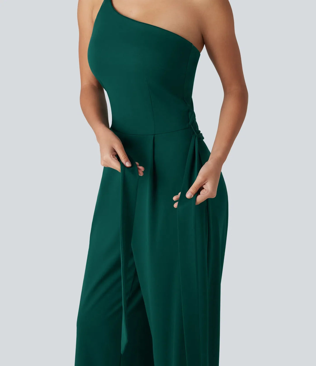 One Shoulder Sleeveless Belted Built-in Bra Party Jumpsuit with Pockets- Easy Peezy