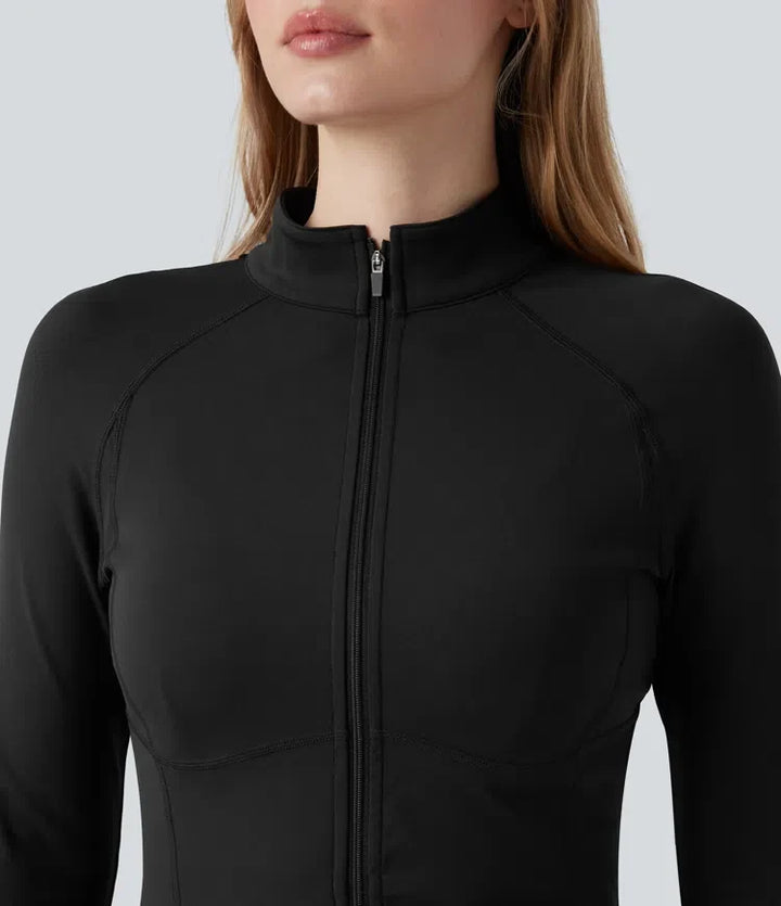 PuffFlex 3-in-1 Stand Collar Casual Cropped Puffer Coat &amp; Thumb Holes Curved Hem Jacket with Pocket