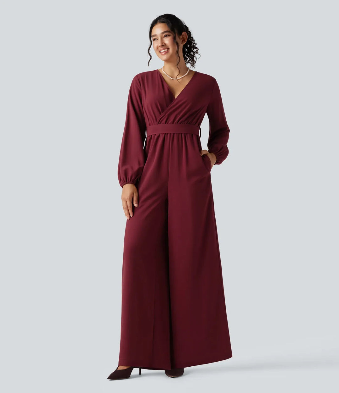 V-neck Puff Long Sleeve Belted Wide Leg Party Jumpsuit with Pockets