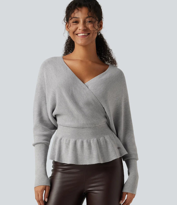 V Neck Batwing Long Sleeve Cut Out Casual Sweater