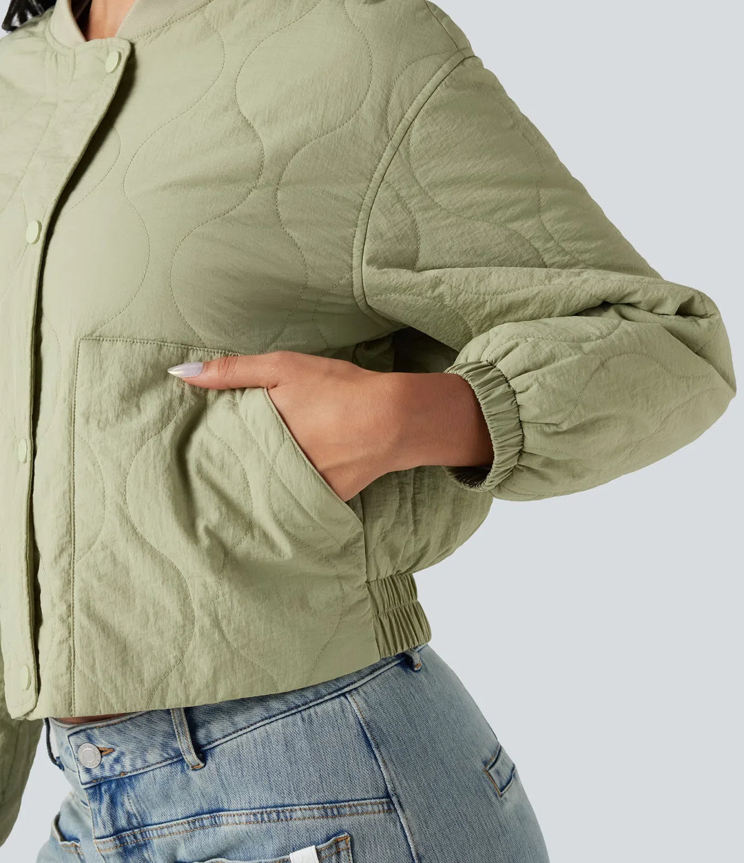 Stand Collar Long Sleeve Casual Bomber Quilted Jacket with Pockets