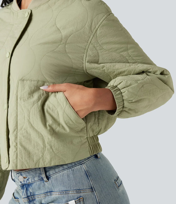 Stand Collar Long Sleeve Casual Bomber Quilted Jacket with Pockets