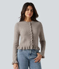 Round Neck Ruffle Long Sleeve Work Wool-Blend Cardigan