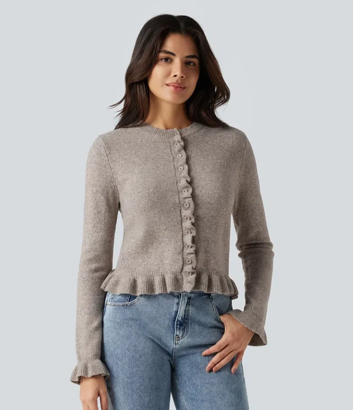 Round Neck Ruffle Long Sleeve Work Wool-Blend Cardigan
