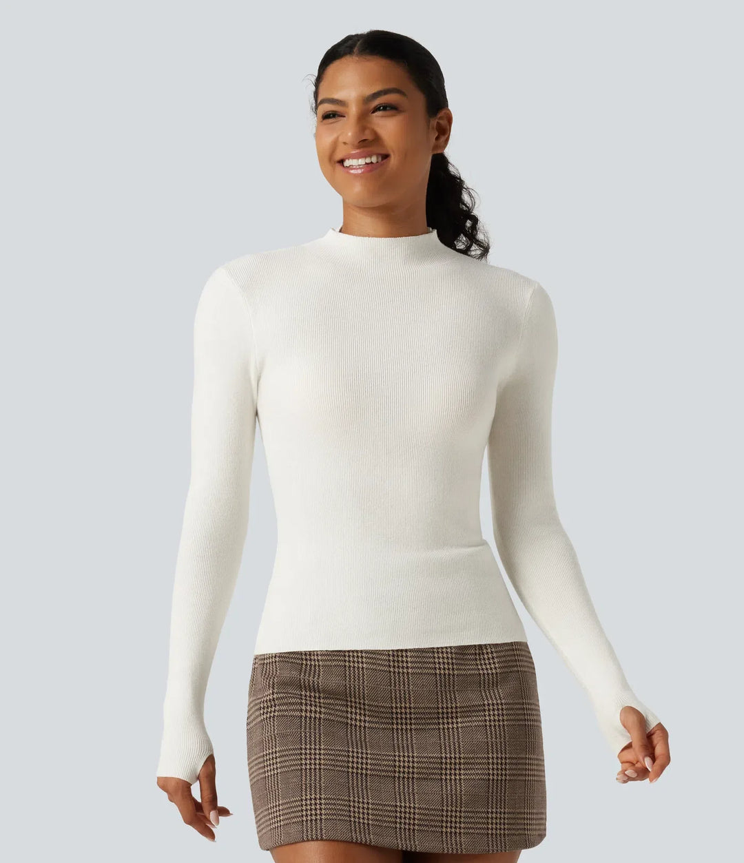 Mock Neck Long Sleeve Thumb Hole Work Wool-Blend Sweater