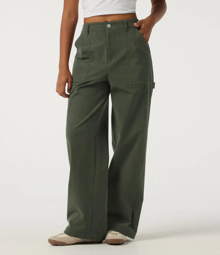 Mid Rise Wide Leg Corduroy Casual Pants with Pockets