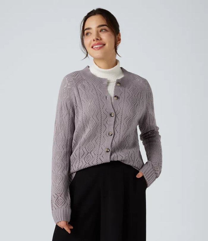 Round Neck Long Sleeve Button Fly Hollow Out Casual Cardigan