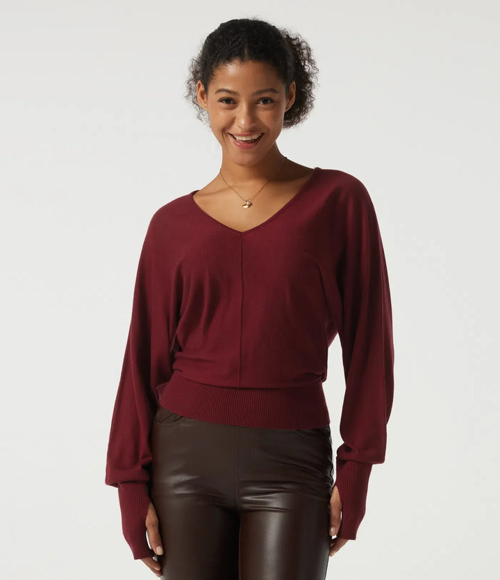 V Neck Batwing Long Sleeve Casual Sweater with Thumbholes