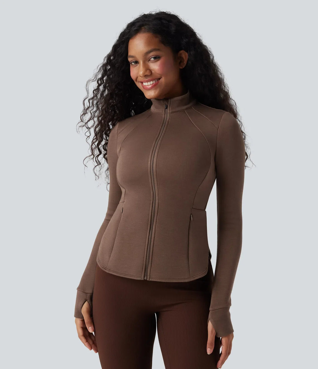 SpacerTek Stand Collar Reglan Long Sleeve Thumb Holes Workout Jacket