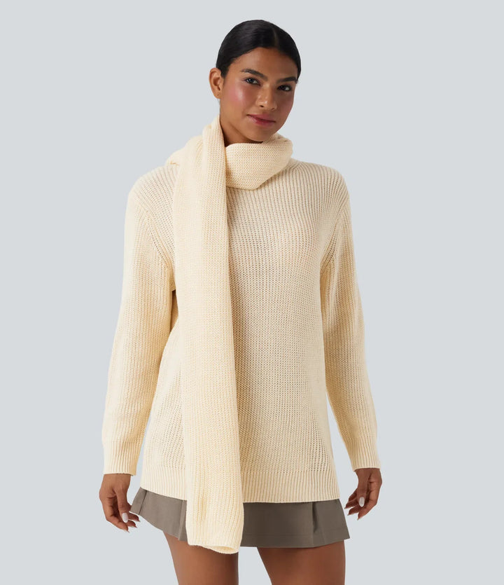 Round Neck Long Sleeve Work Sweater with Scarf
