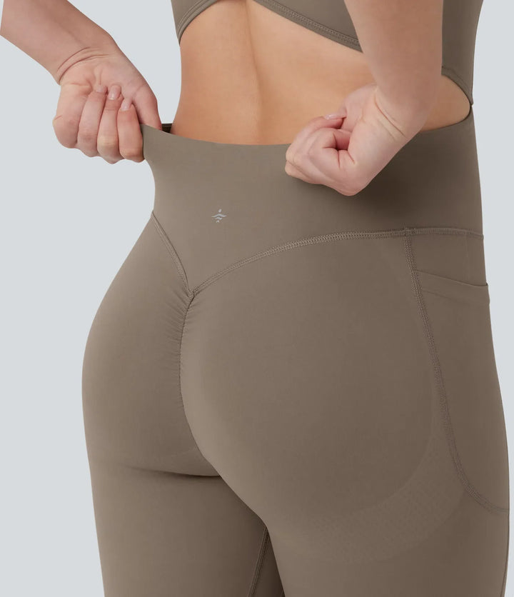 Halara UltraSculpt Crisscross Backless Tummy Control Butt Lifting Scrunch Non-Removable Pad Workout Flare Jumpsuit with Pockets-Easy Peezy