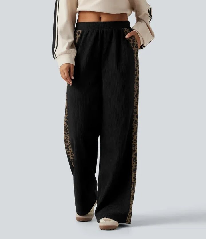 Mid Rise Leopard Print Corduroy Straight Leg Casual Pants with Pockets
