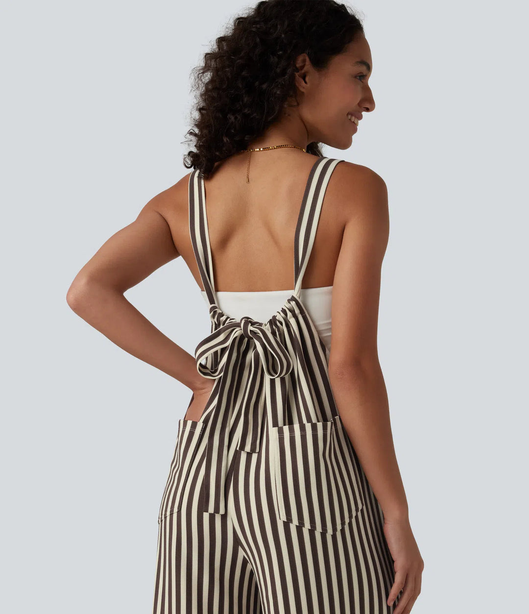 Tie-back Stripes Casual Baggy Overalls with Pockets