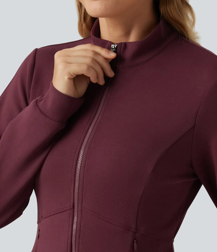 SpacerTek Stand Collar Zip Fly Long Sleeve Ruffle Hem Yoga Jacket with Pockets