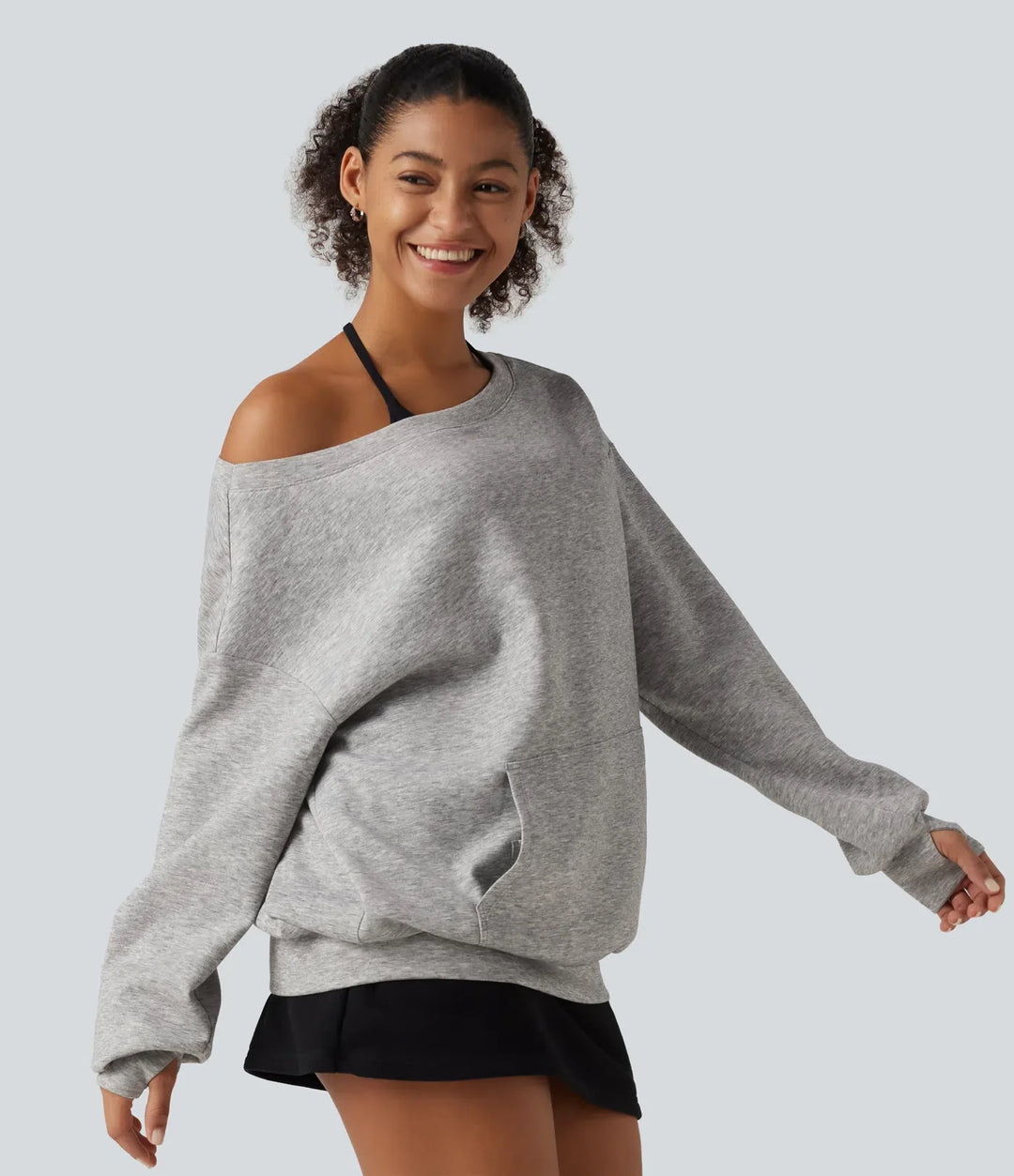 One Shoulder Long Sleeve Pullover Casual Sweatshirt with Pocket and Thumbholes