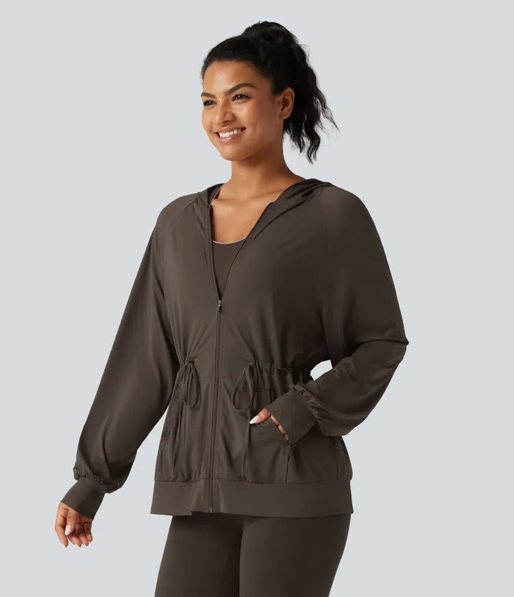 Hooded Long Sleeve Drawstring InstantCool Yoga Jacket with Pockets-UPF50+