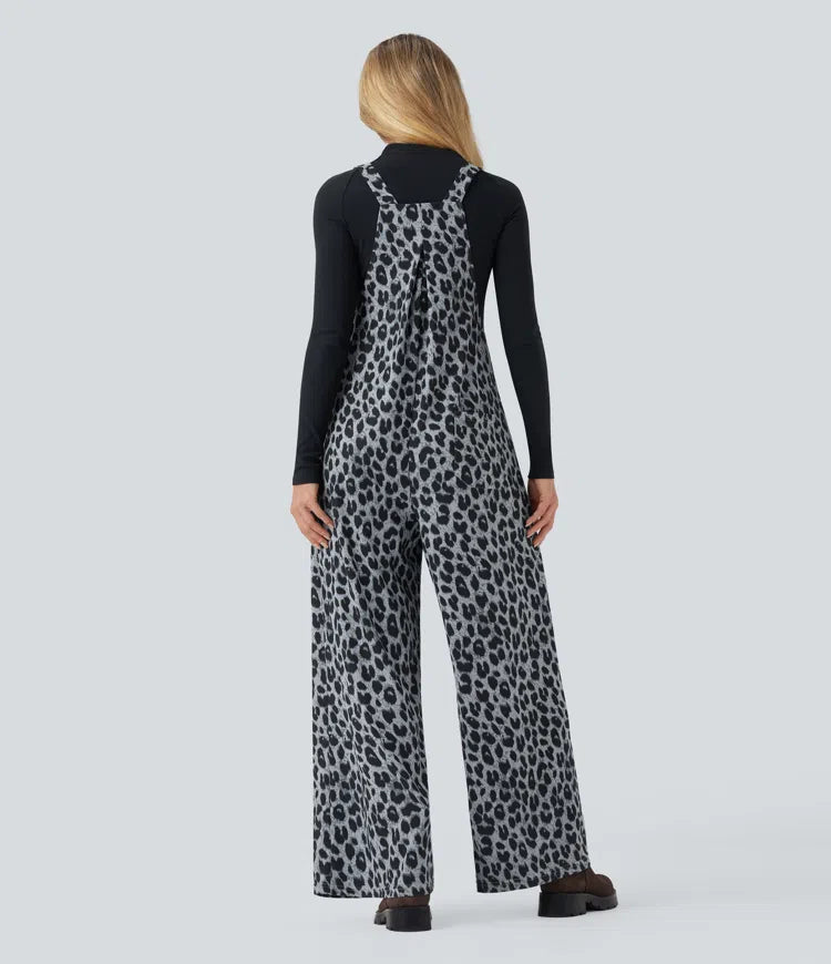 Leopard Print Waffle Casual Overalls with Pockets