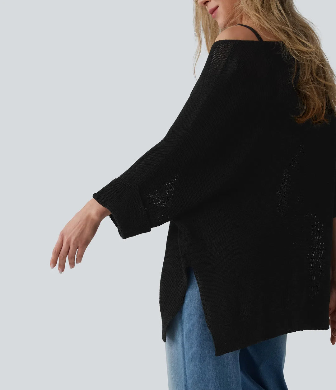 One-shoulder Half Sleeve Split Hem Oversize Casual Sweater with Pocket