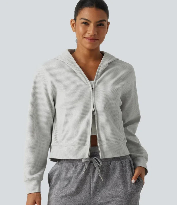 Hooded Long Sleeve Waffle Casual Jacket with Pockets