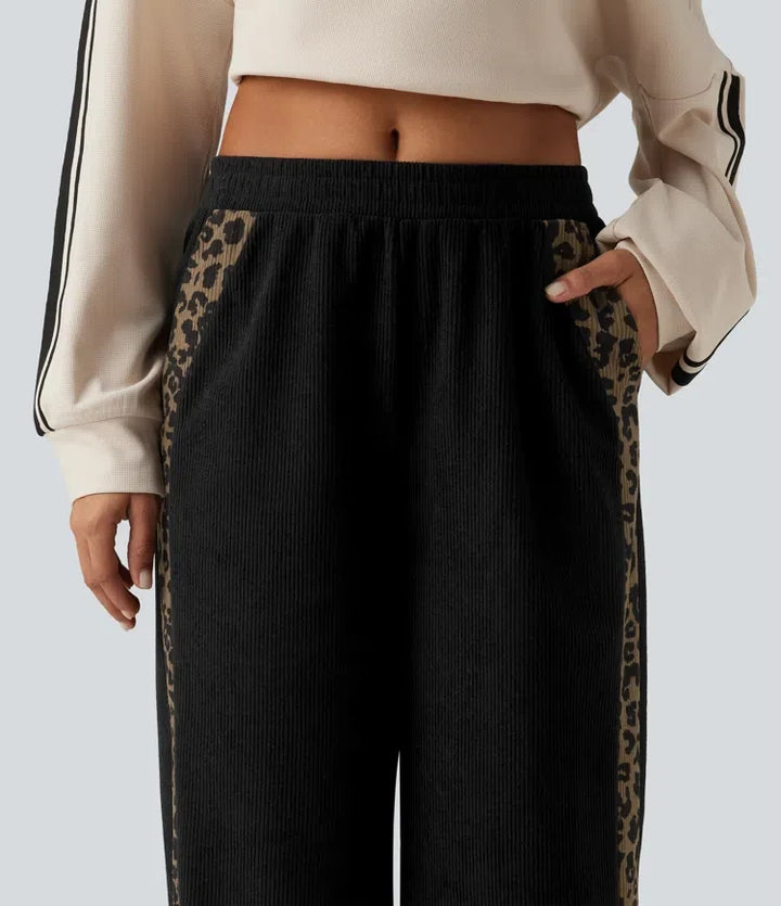 Mid Rise Leopard Print Corduroy Straight Leg Casual Pants with Pockets