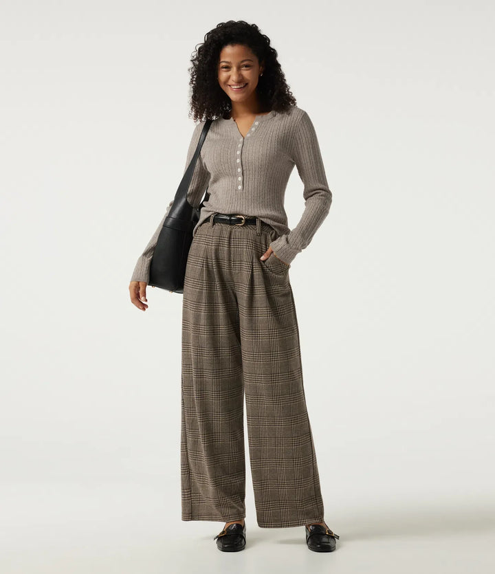 Henley Neck Cable Stitch Long Sleeve Work Sweater