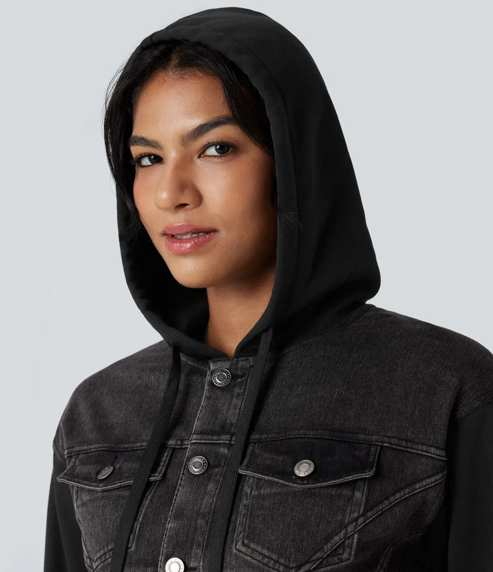 Halara Flex Hooded Drawstring Long Sleeve Patchwork Denim Casual Jacket