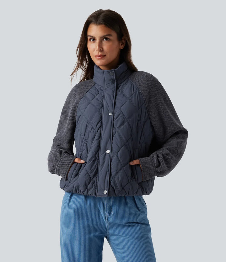 High Neck Long Sleeve Raglan Casual Padded Jacket with Pockets