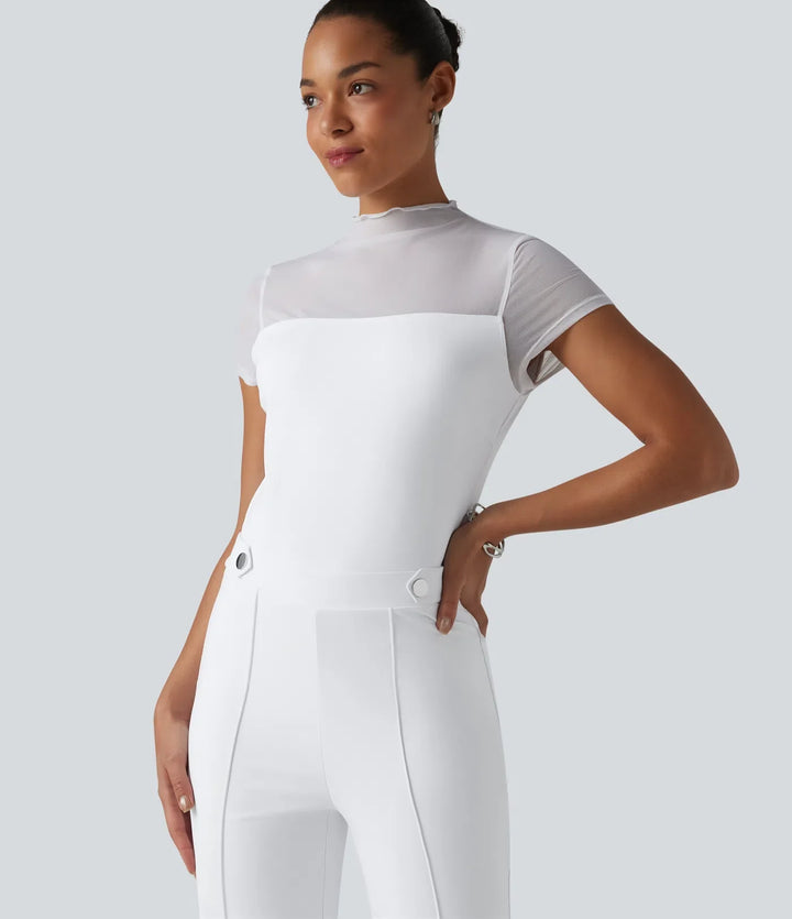 DayStretch Round Neck Short Sleeve Contrast Mesh Jumpsuit-Easy Peezy Edition