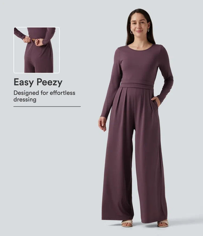 Round Neck Long Sleeve Wide Leg Casual Jumpsuit with Pockets-Easy Peezy Edition