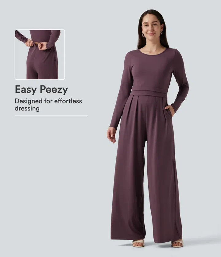 Round Neck Long Sleeve Wide Leg Casual Jumpsuit with Pockets-Easy Peezy Edition