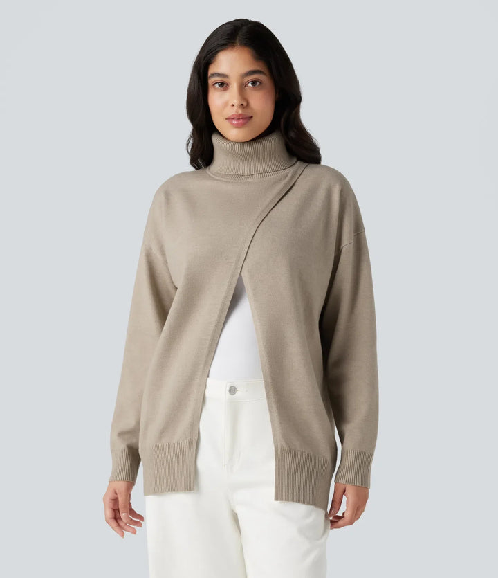 High Neck Long Sleeve Work Sweater-Front and Back Wearable