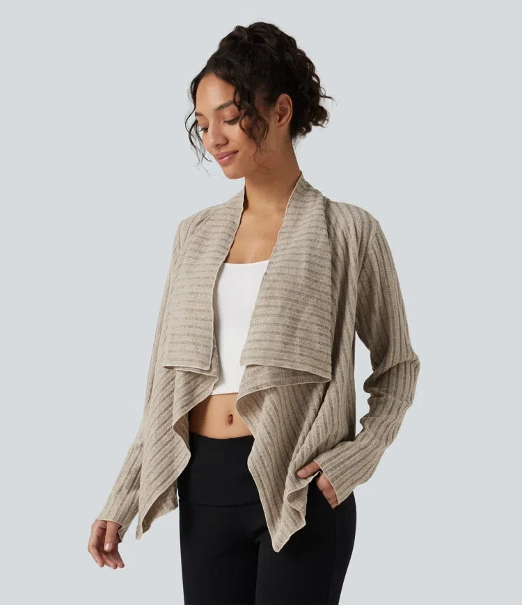 Ribbed Knit Collared Open Front Long Sleeve Casual Cardigan