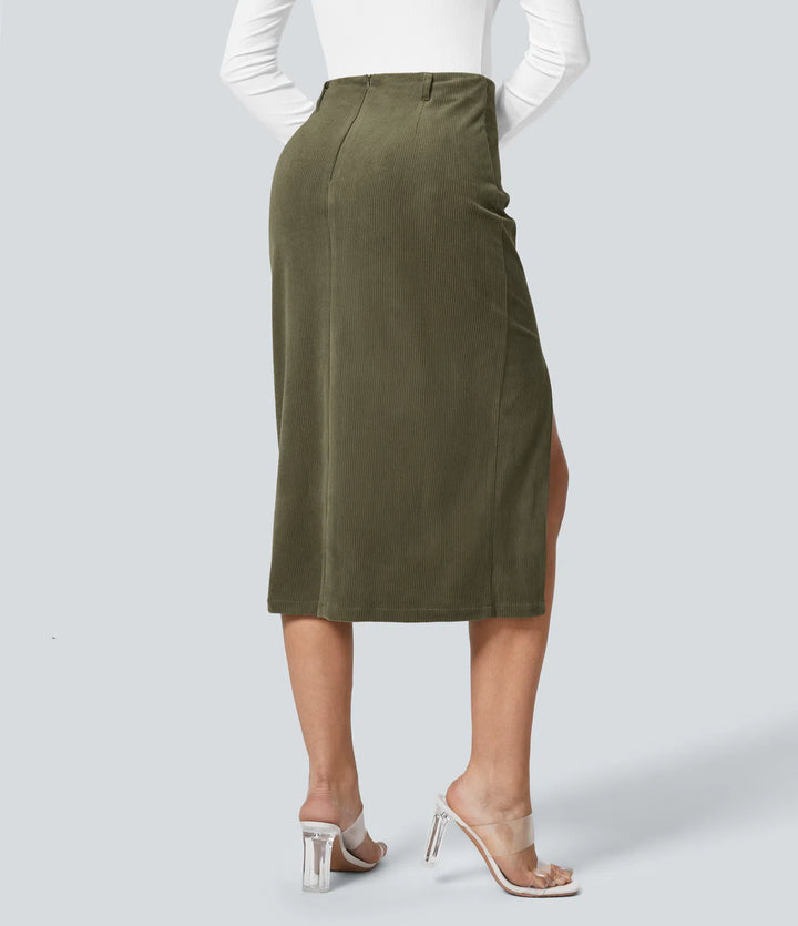 High Waisted Hem Midi Corduroy Casual Skirt