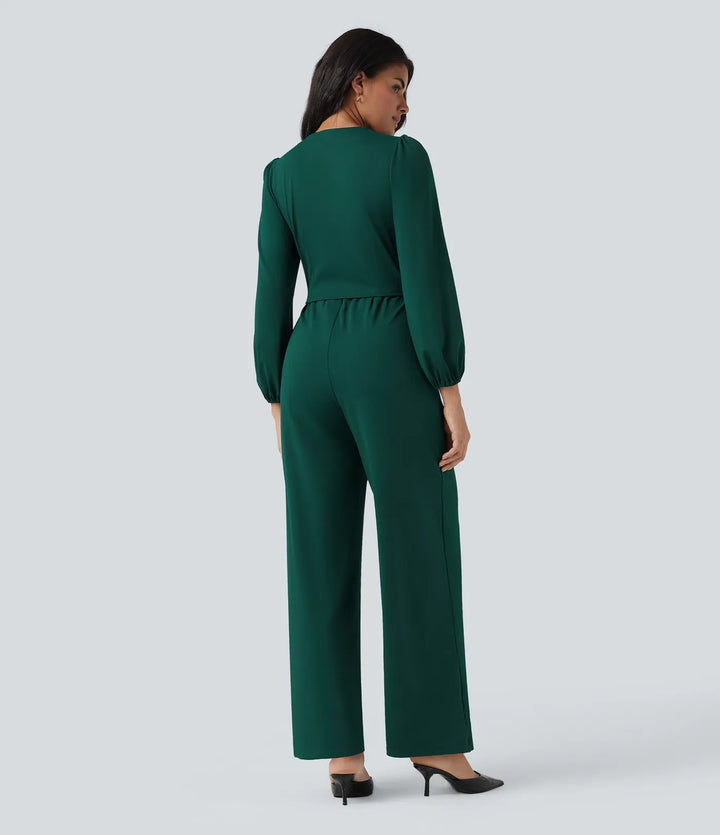 V Neck Long Sleeve Wide Leg Work Jumpsuit with Pockets-Easy Peezy Edition