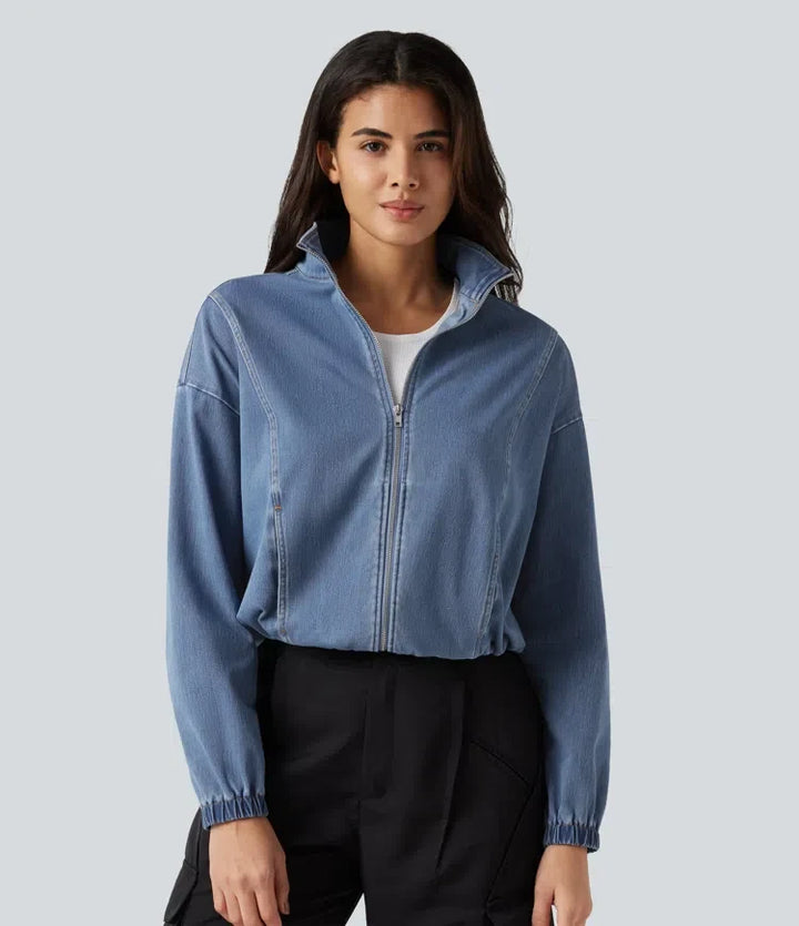 Halara Flex High Neck Long Sleeve Denim Casual Jacket with Pockets