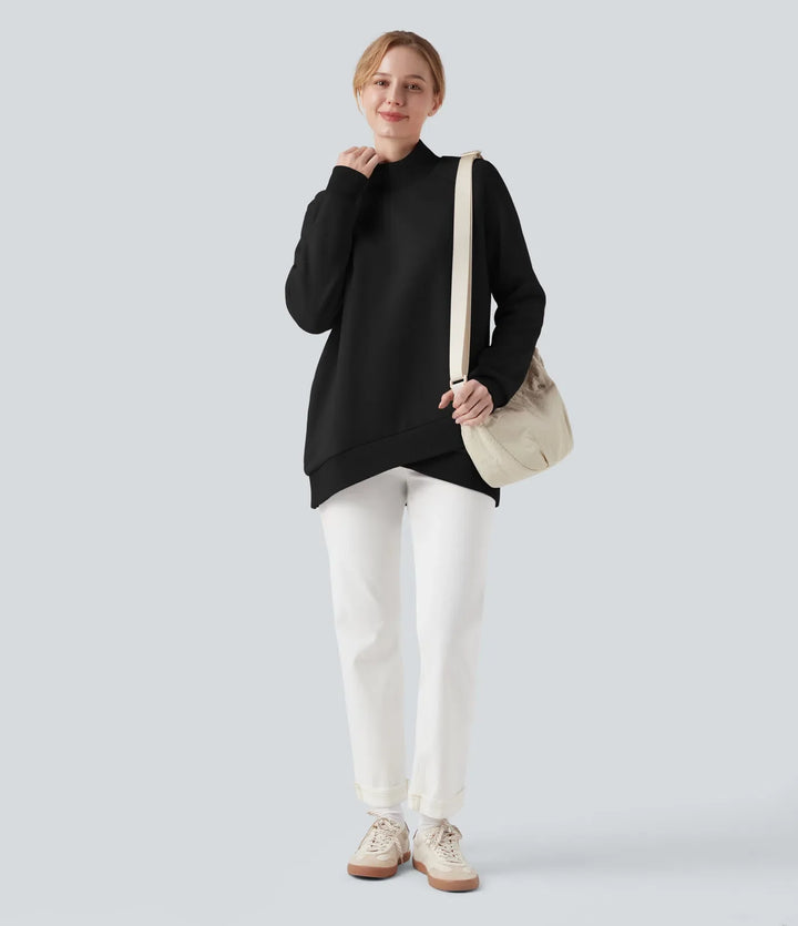 Mock-neck Raglan Long Sleeve Crossover Hem Fleece Casual Sweatshirt