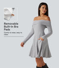 Ribbed Knit Off Shoulder Long Sleeve Built-in Bra Mini Casual Dress with Pockets