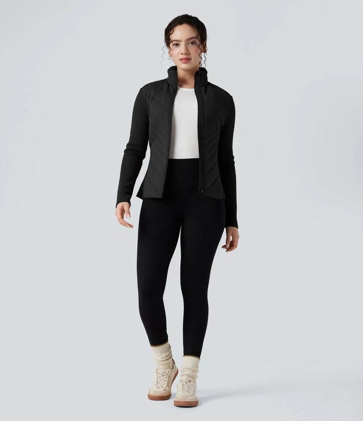 High-neck Contrast Ribbed Slim Casual Quilted Jacket with Pockets