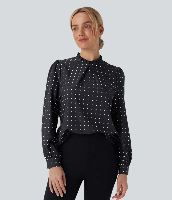 Frill Mock-neck Polka Dot Work Blouse