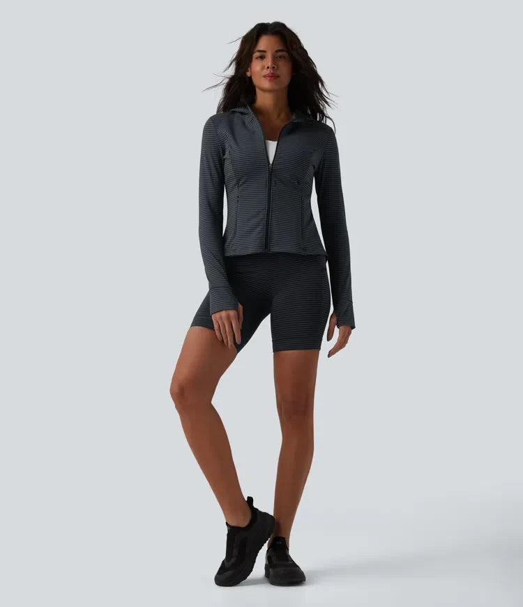 Hooded Long Sleeve Thumb Hole Stripe Yoga Jacket with Pockets