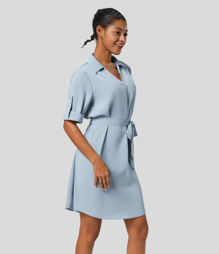 Roll Up Sleeve Belted Relaxed Work Shirt Dress
