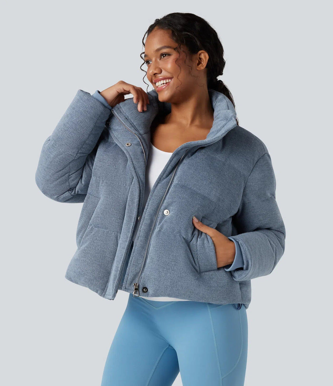High Neck Drawstring Hem Sparkle Casual Puffer Jacket with Pockets